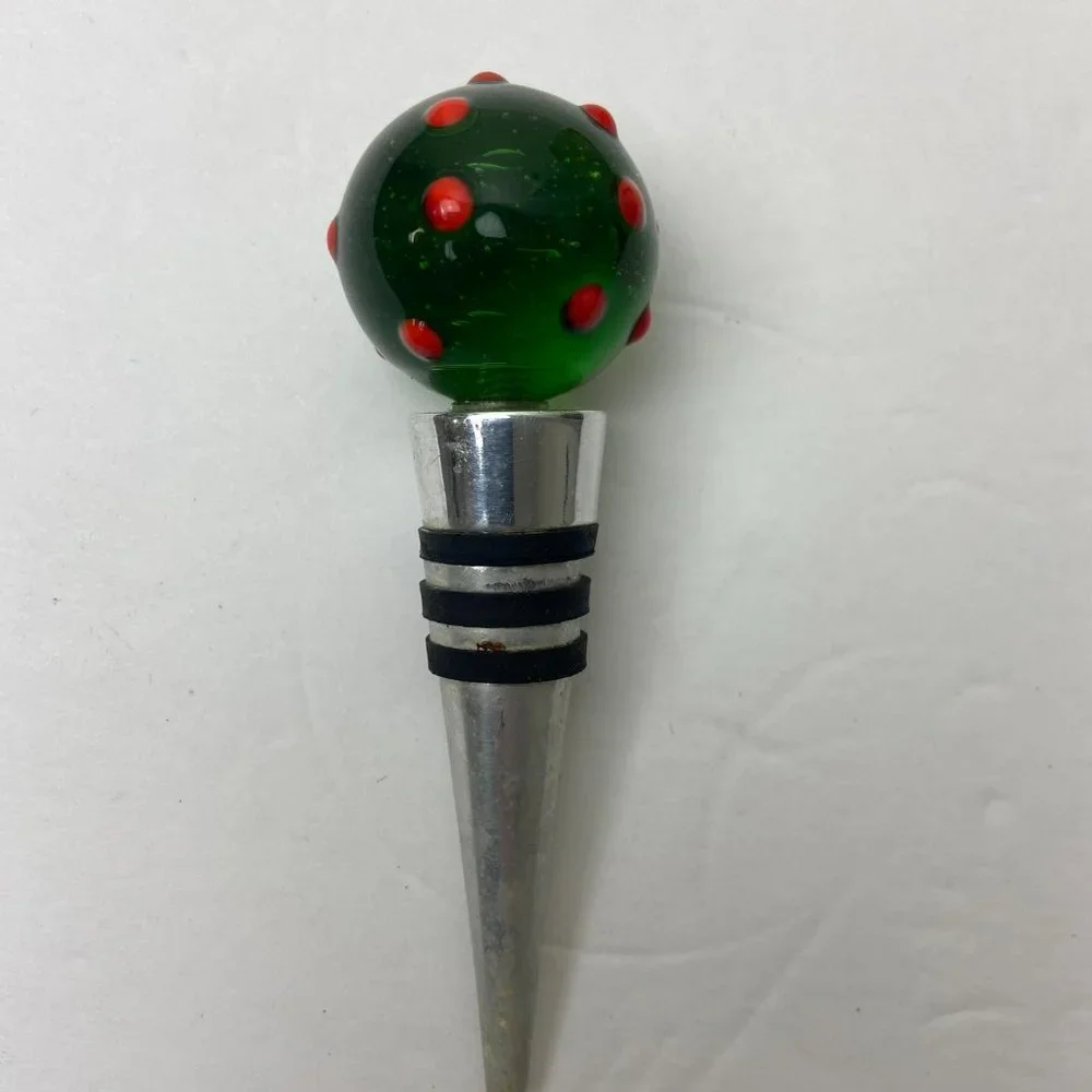 Vintage Bottle Stopper Green Glass Metal